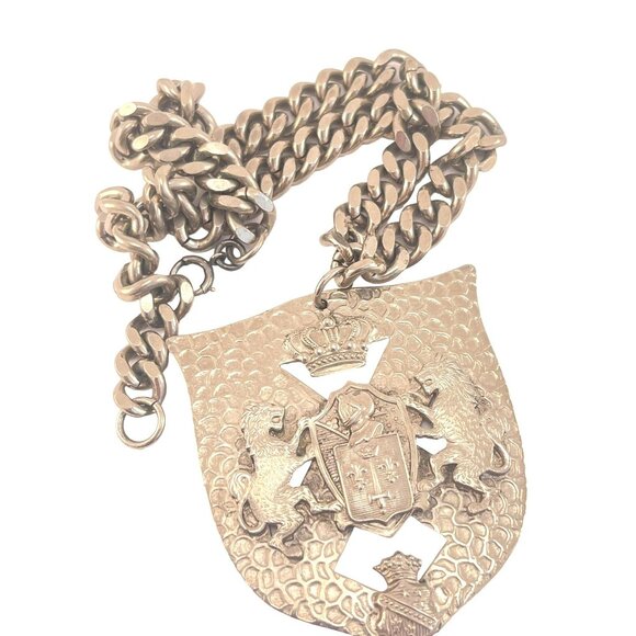 Coat of Arms Heavy Vintage Necklace Knight Lions and Crown - Picture 3 of 7